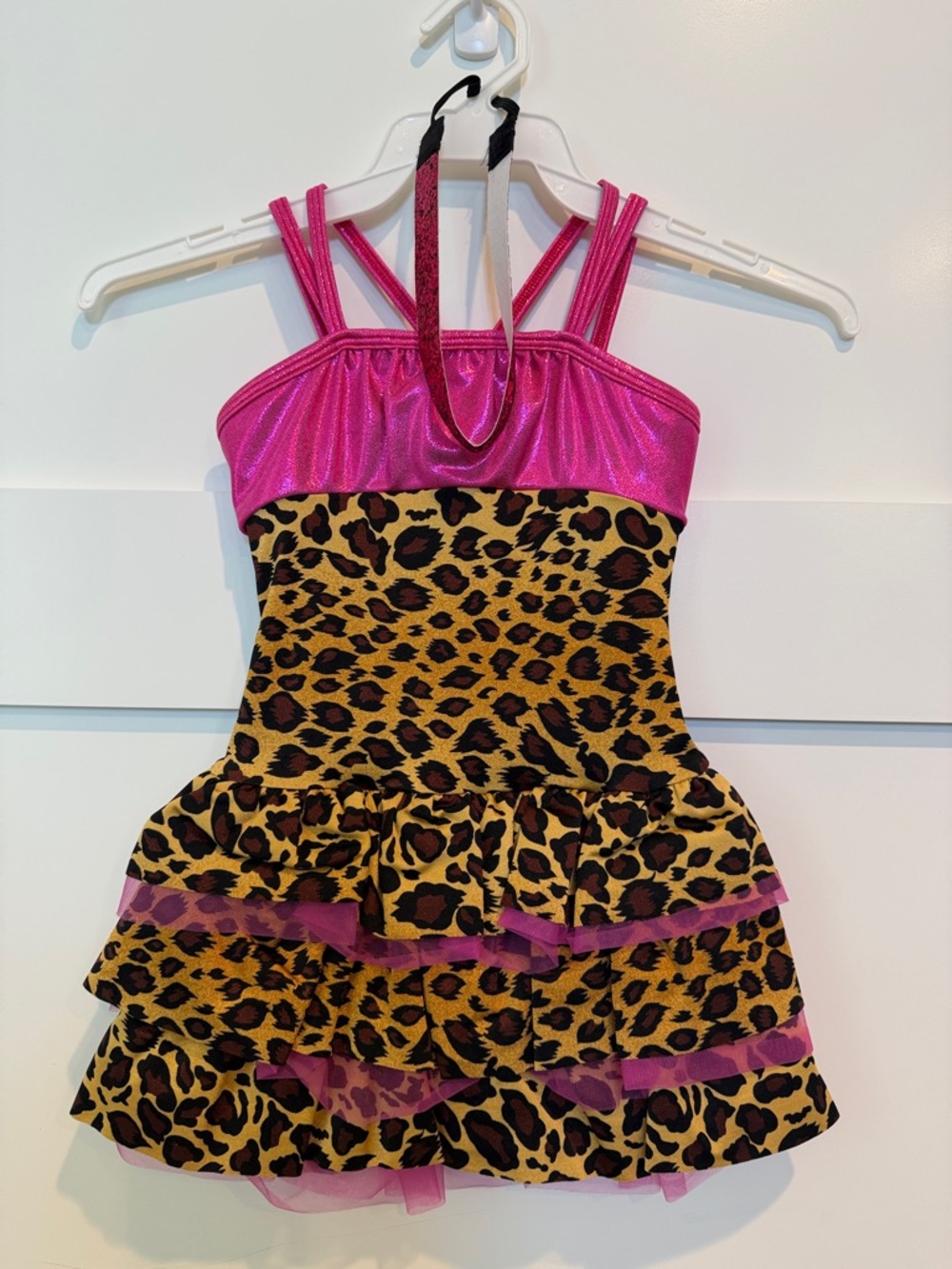Girls Pink and Leopard Dance Costume - Sparkle Tiered Skirt